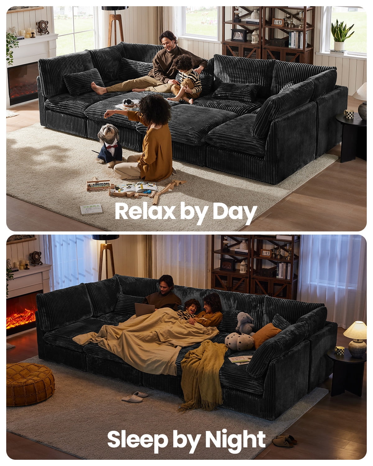 CHIC HOUSE Oversized Modular Sofa,Extra Deep Cloud Corduroy Sectional Couch with Ottoman Chaise,FSC Certified Fluffy Chenille Loveseat L Sofa for Living Room,Villa