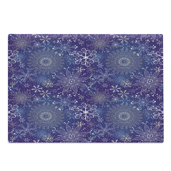Dark Blue Cutting Board, Christmas Inspired Pattern with Ornate Curly Snowflakes Mandala Style, Decorative Tempered Glass Cutting and Serving Board, Large Size, Multicolor, by Ambesonne