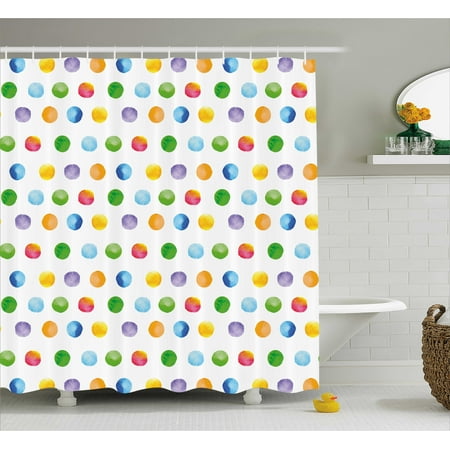 Polka Dot Bathroom Accessories - Abstract Shower Curtain, Big Polka Dots Colorful Circles Watercolor Paintbrush Stylized Modern Artwork, Fabric Bathroom Set with Hooks, Multicolor, by Ambesonne