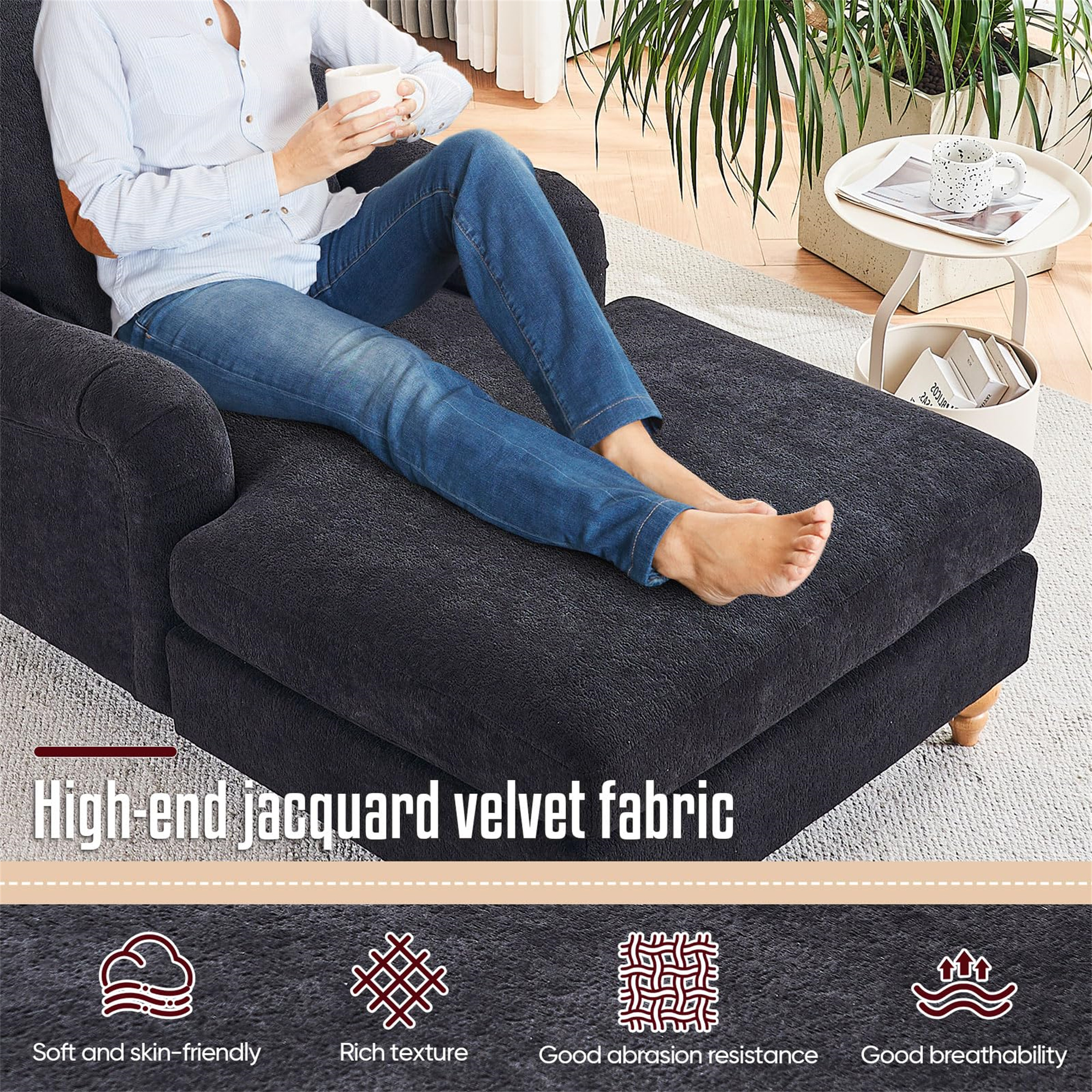 Aukfa Modern Oversized Chaise with Adjustable Backrest, Sleeper Chair Sofa Recliner for Living Room, Black