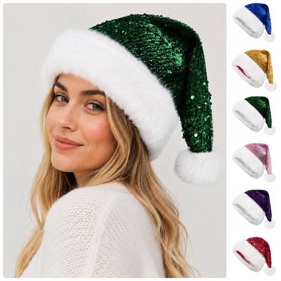 Sakuulaan Sequin Santa Hats for Adults, Double-Layer Faux Fur Christmas Party Hat, 6 Colors, One Size