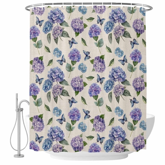 Purple Flower Bathroom Shower Curtains with Hooks, Hydrangea Butterfly Leaf Linen Texture Waterproof Fabric Washable Shower Curtain for Home Hotel Bathtub Decor 72x72 Inch