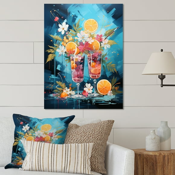 Designart "Flow of Cerulean Tom Collins Cocktail" Cocktails Metal Wall Art, Pink Metal Wall Decor, Traditional Metal Art Decor For Bedroom - 12x20 Inch