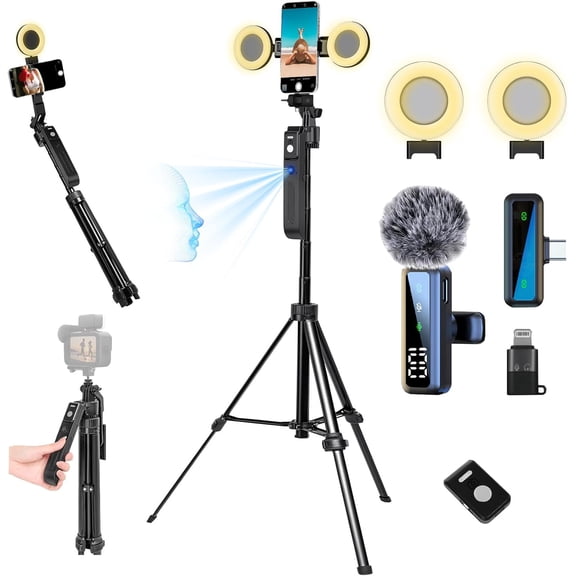 70.9” Auto Face Tracking Tripod for iPhone Anriod Phone,Vlogging Kit for iPhone,Content Creator Essentials,with Light / 360 Rotatable Tripod/Wireless Microphone/Remote