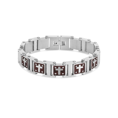 Stainless Steel and Wood High Polished Cross Link Bracelet 8 Inches