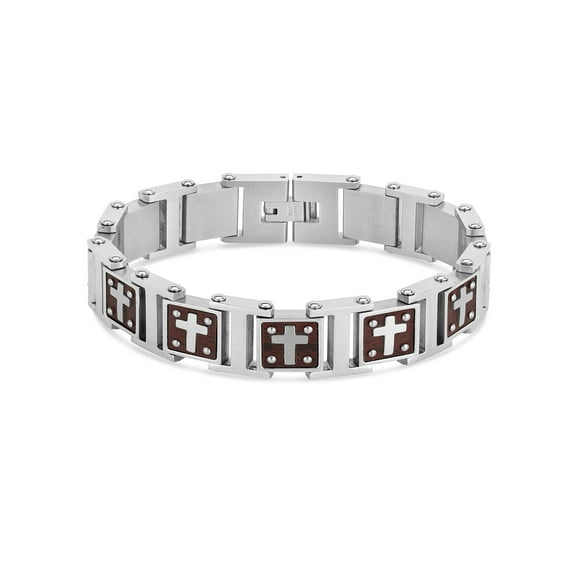 Stainless Steel and Wood High Polished Cross Link Bracelet 8 Inches