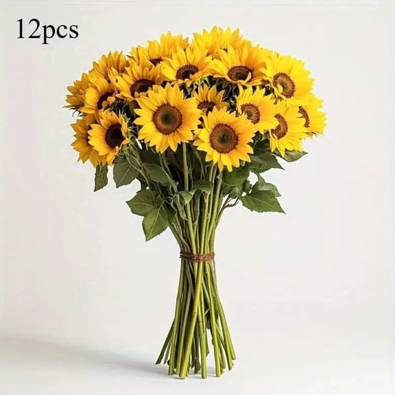 12 Pack UV-Resistant Artificial Sunflowers - Lifelike Faux Flowers with Dark Brown Stems for Home and Outdoor Decor