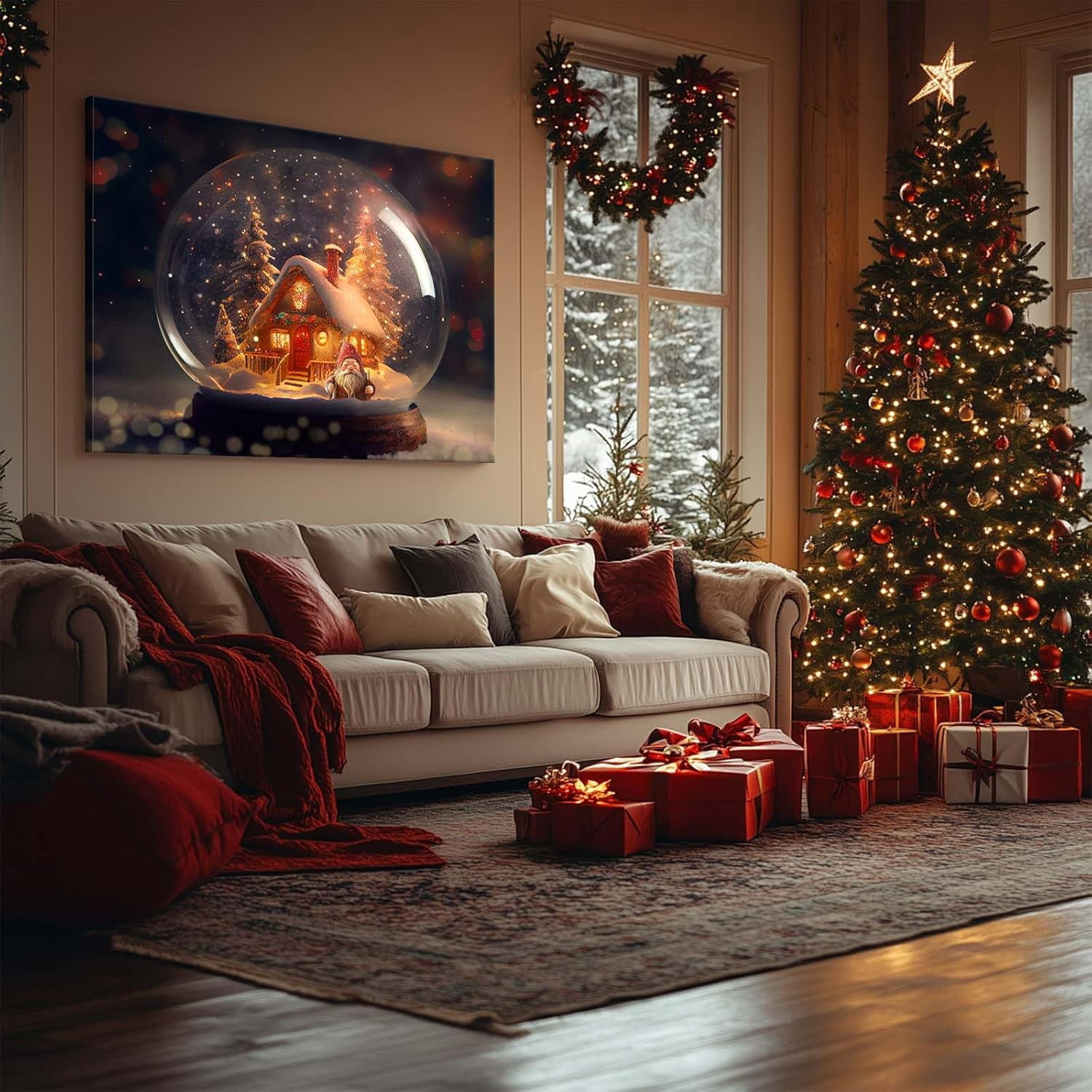 Christmas canvas wall art decor, Festive Cabin with Santa Canvas Print, Winter Holiday Decor for Living Room, Bedroom or Office, Adds a Magical Christmas Atmosphere to Your Home 24X30inch