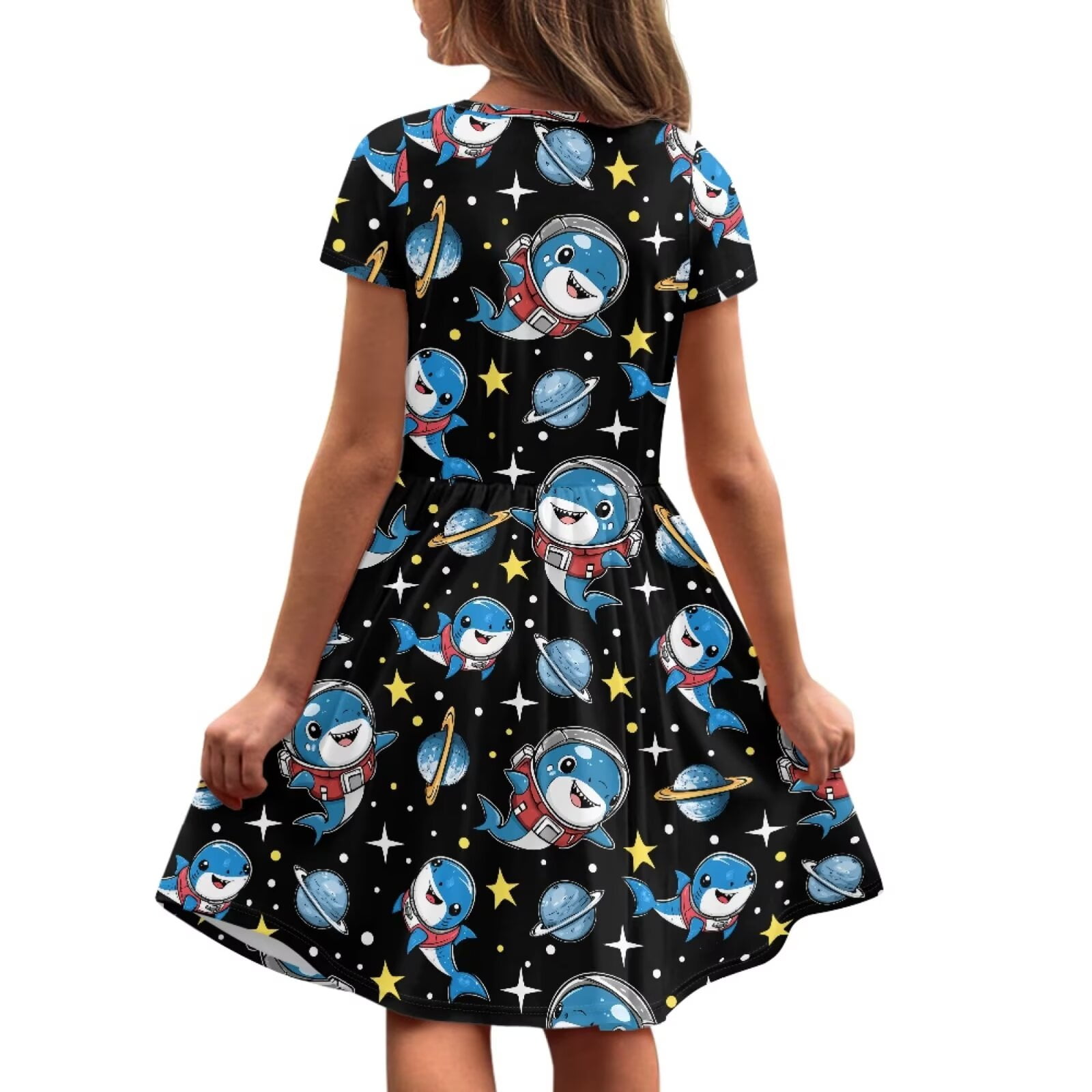 Uourmeti Shark Dresses for Toddler Girls Cute Short Sleeve Swing Dress Summer Soft O Neck Knee Length A-Line Dresses with Pockets