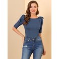thumbnail image 4 of Camisa de manga corta con cuello barco para mujer Blusa Top de verano Azul L, 4 of 6