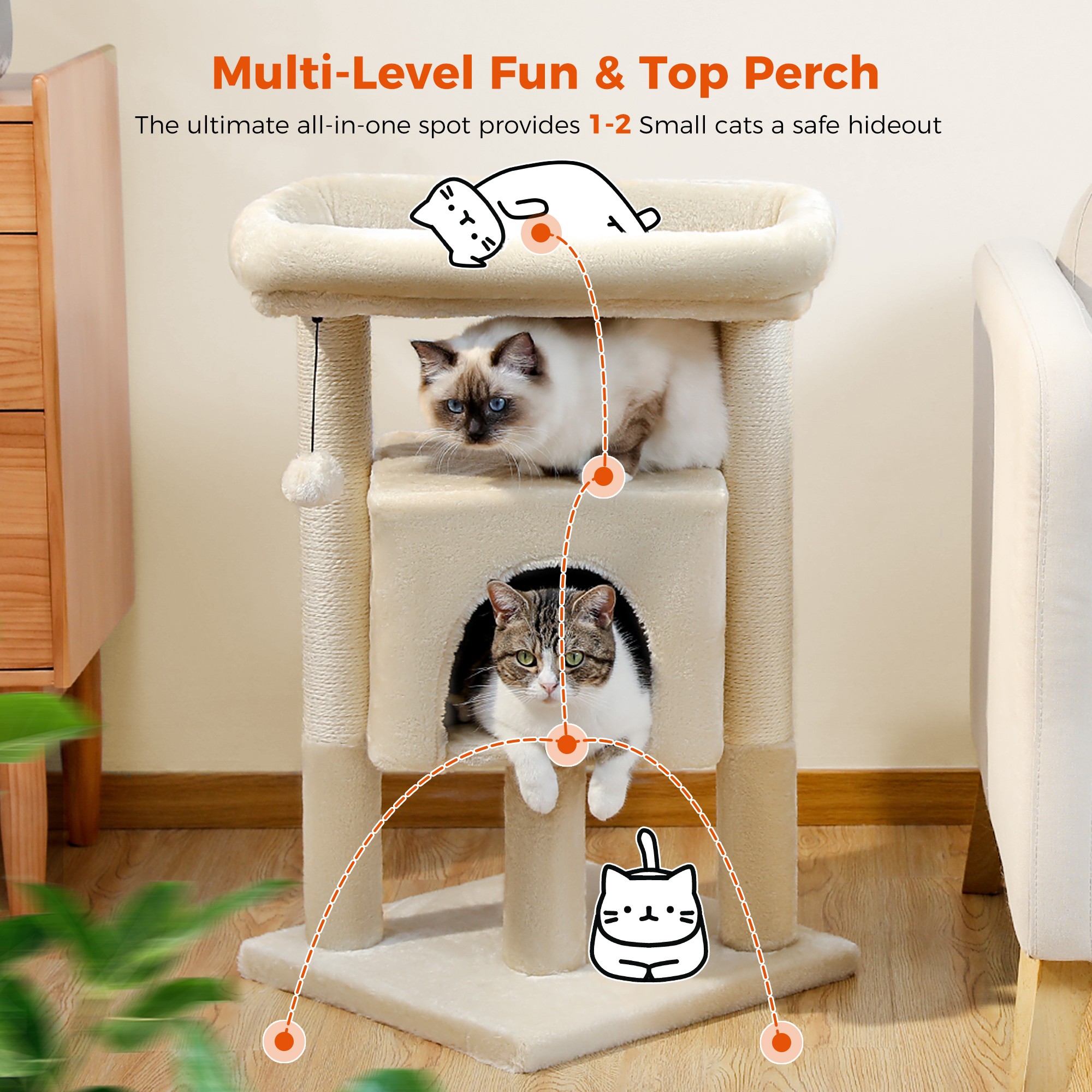 Kadyn 28" Multi-Level Cat Tree Tower Cat Condo with Scratching Posts, Jump Platform Top Perch and Dangling Ball, Beige