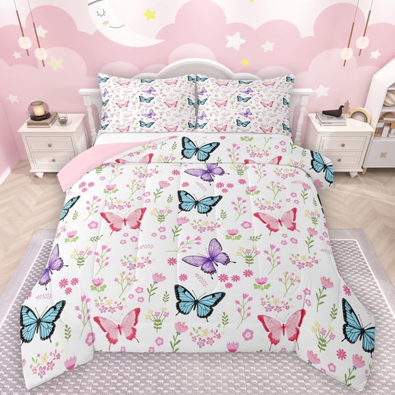 Manfei Cute Butterflies Bedding Comforter Set,Flying Animal Twin Comforter Sets,Pink White Cyan Bedding Set For Girls Kids,Super Cozy Room Decor Reversible,2-Piece