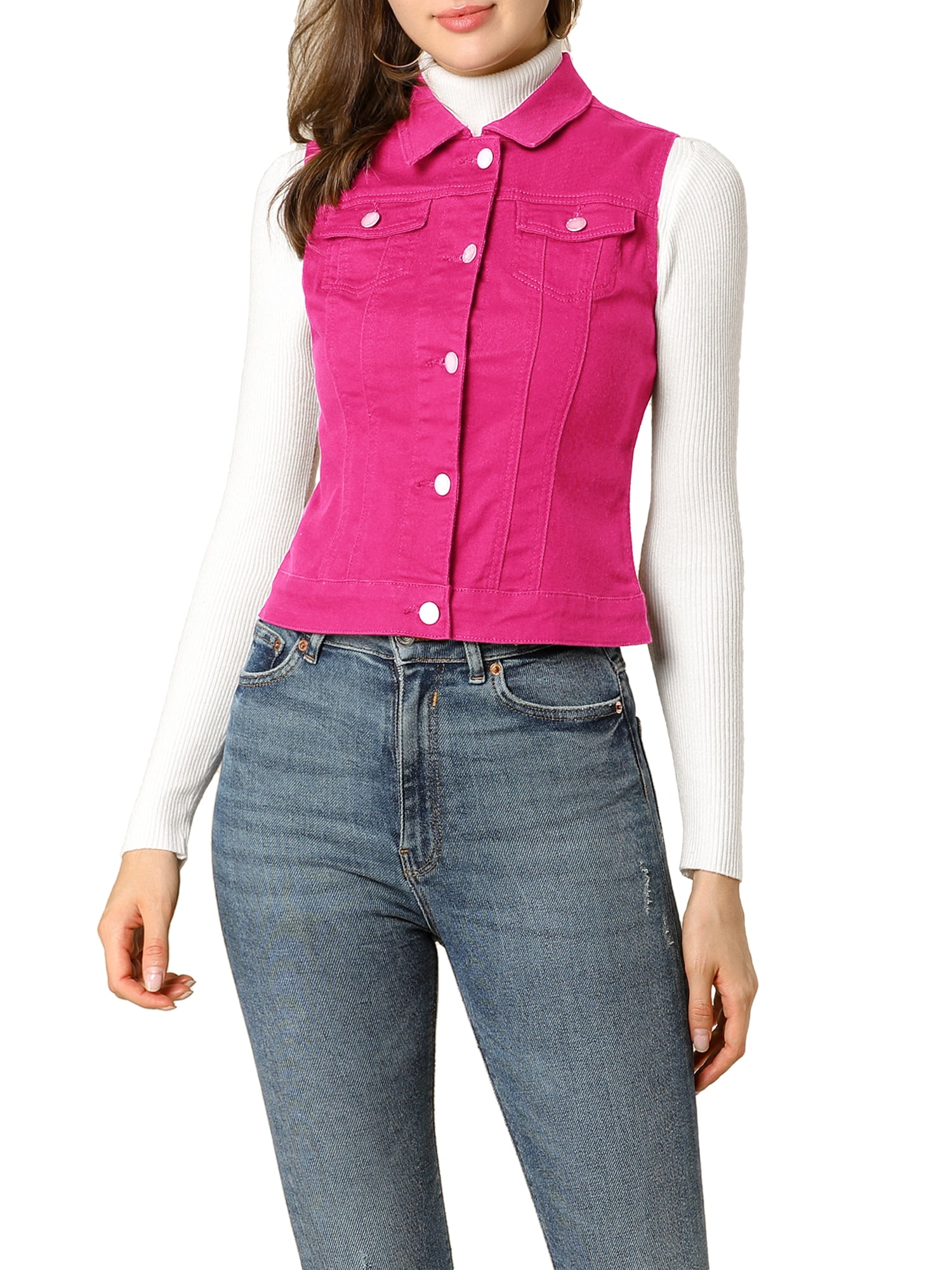 DARING DIVA Women's Denim Sleeveless Flap Pockets Vest Jacket M Fuchsia