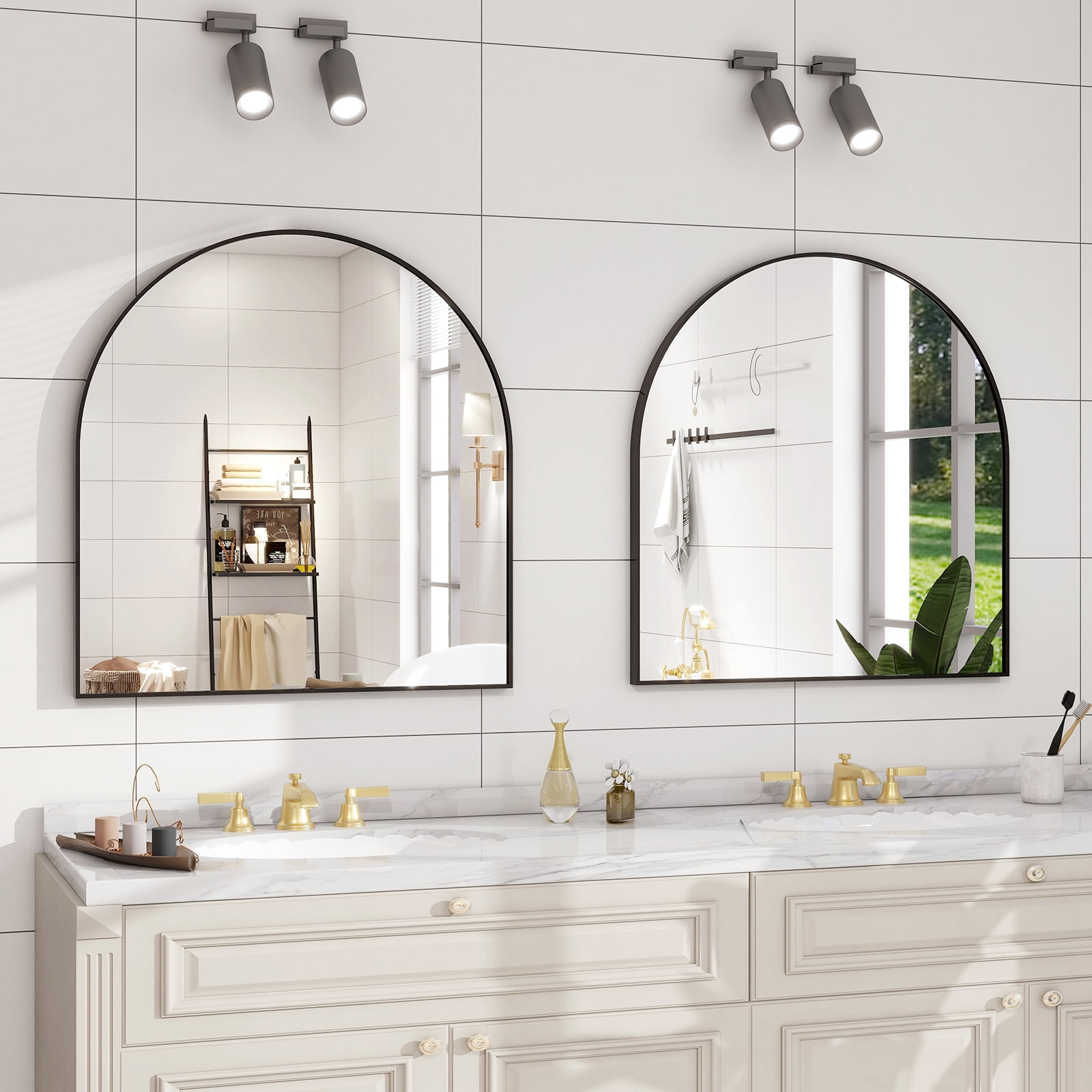 SHATTERVIEW 32"x34" Bathroom Wall Mounted Mirror Arched Hanging Vanity Mirror, Black