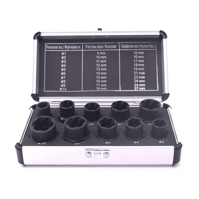extractores de birlos tornillos tuercas bloosom estuche 10pie negro 9-19mm juego de 10 extractores en estuche rígido negro y plateado. Vista frontal centrada con tapa abierta, interior de foam moldeado y copas extractoras de aleación negras con dientes en espiral para cabezas de 9 a 19 mm.