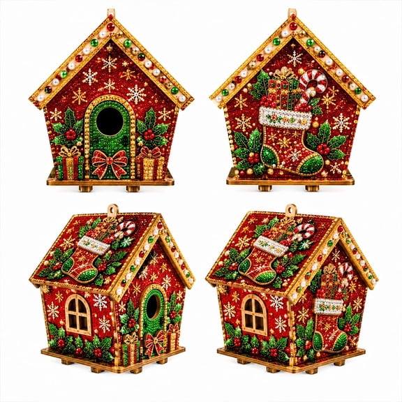 4 Pcs DIY Pearl Art Christmas Gingerbread House Craft Kit, Christmas Ornament for Holiday Home Decoration, Family Art Activity Set