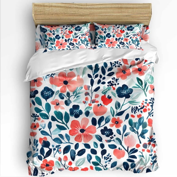Pink Flowers King Size Comforter Set, Spring Leaf Floral Watercolor Plant Soft Bedding for All Seasons, 4 Pcs Bed Set with 1Comforter (90"x106") ,1 Sheet(94"x116"), 2 Pillowcases (19"x35")