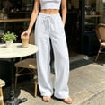 thumbnail image 2 of ZHYou No Boundarie Linen Pants for Women Wide Leg Drawstring Stretchy Waist Casual Loose Fit Lightweight Trousers with Pockets,White,Size L, 2 of 6