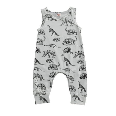 

Newborn Boys Long Romper Dinosaur Printed Round Neck Sleeveless Jumpsuits
