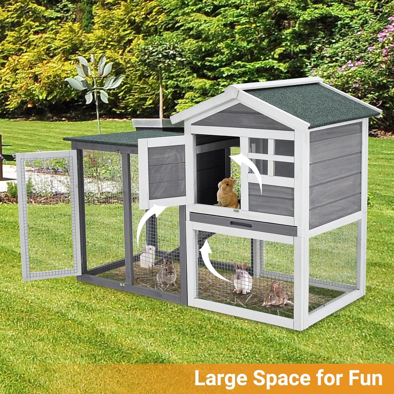 Furvclv 48" Wooden Rabbit Hutch for Small Animals, 2 Lockable Doors Animal Enclosure with Weather-Resistant Small House & Open Courtyard, Outdoor Bunny House with Wire Fence and Cleaning Tray