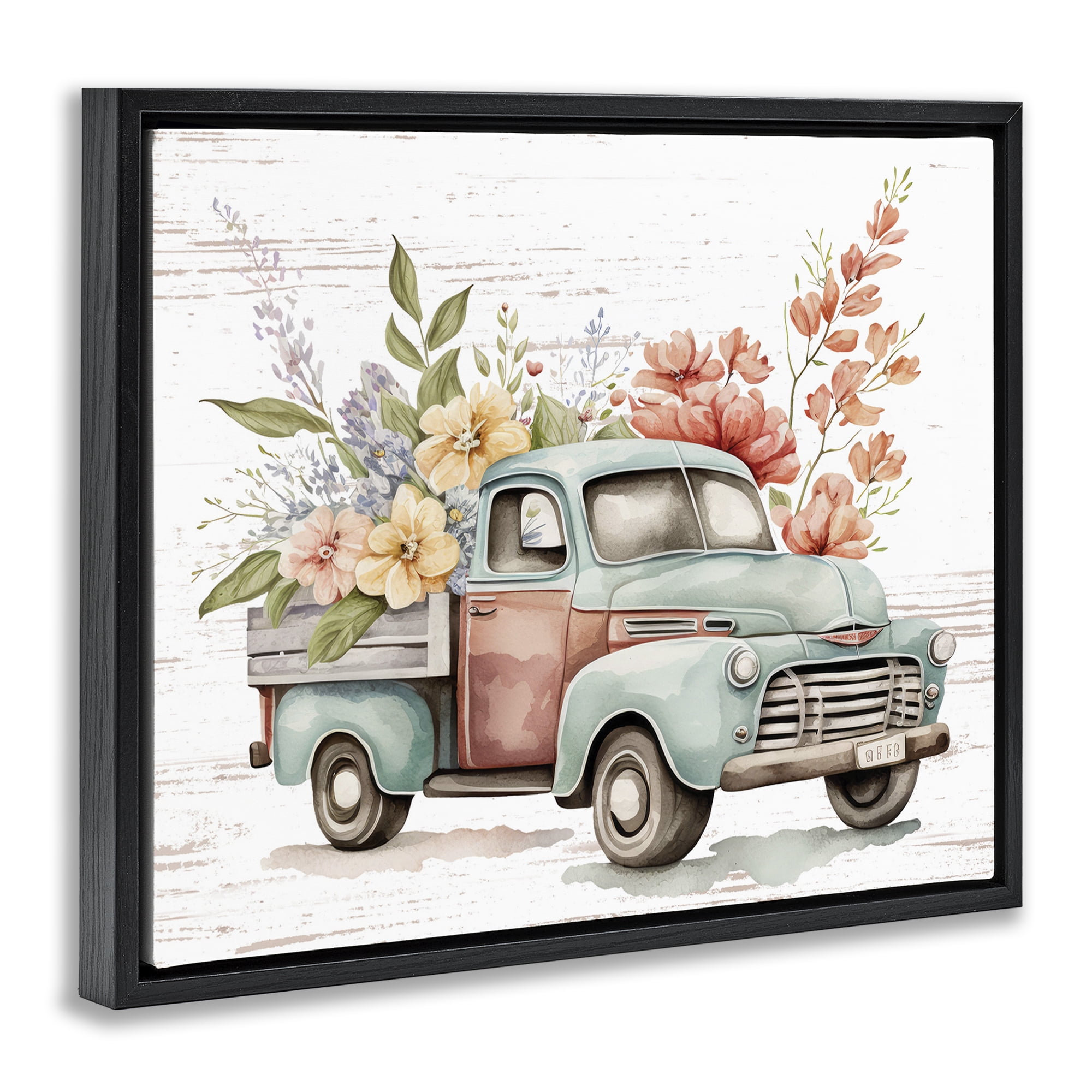Stupell Industries Flower Blossom Truck Transportation Painting Black Floater Framed Canvas Art Print Wall Art, 31 x 25