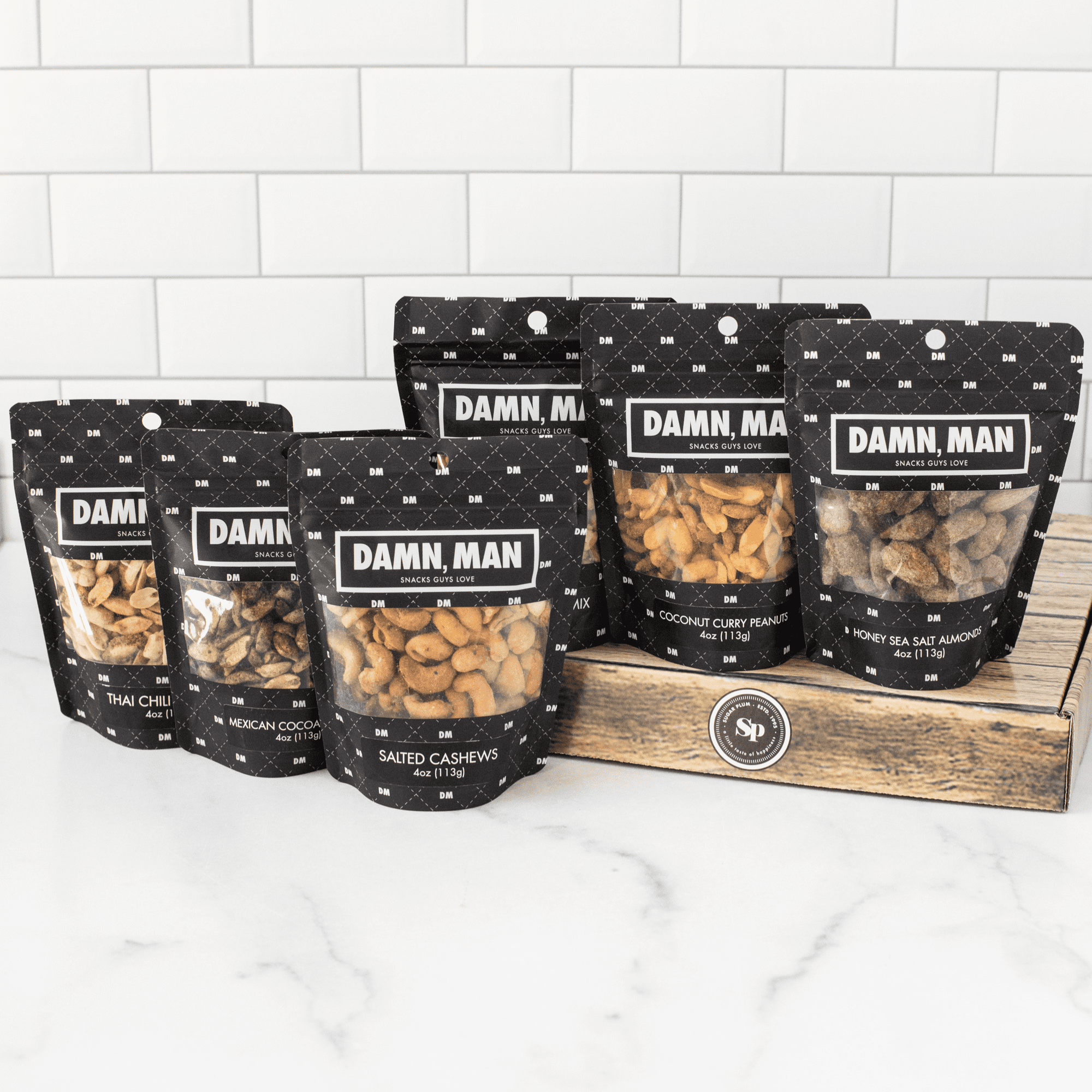 Damn, Man Gourmet Assorted Nut Box - Sweet & Salty Almonds Cashews & Peanuts - 6 Bags of Nuts - Father's Day Gift