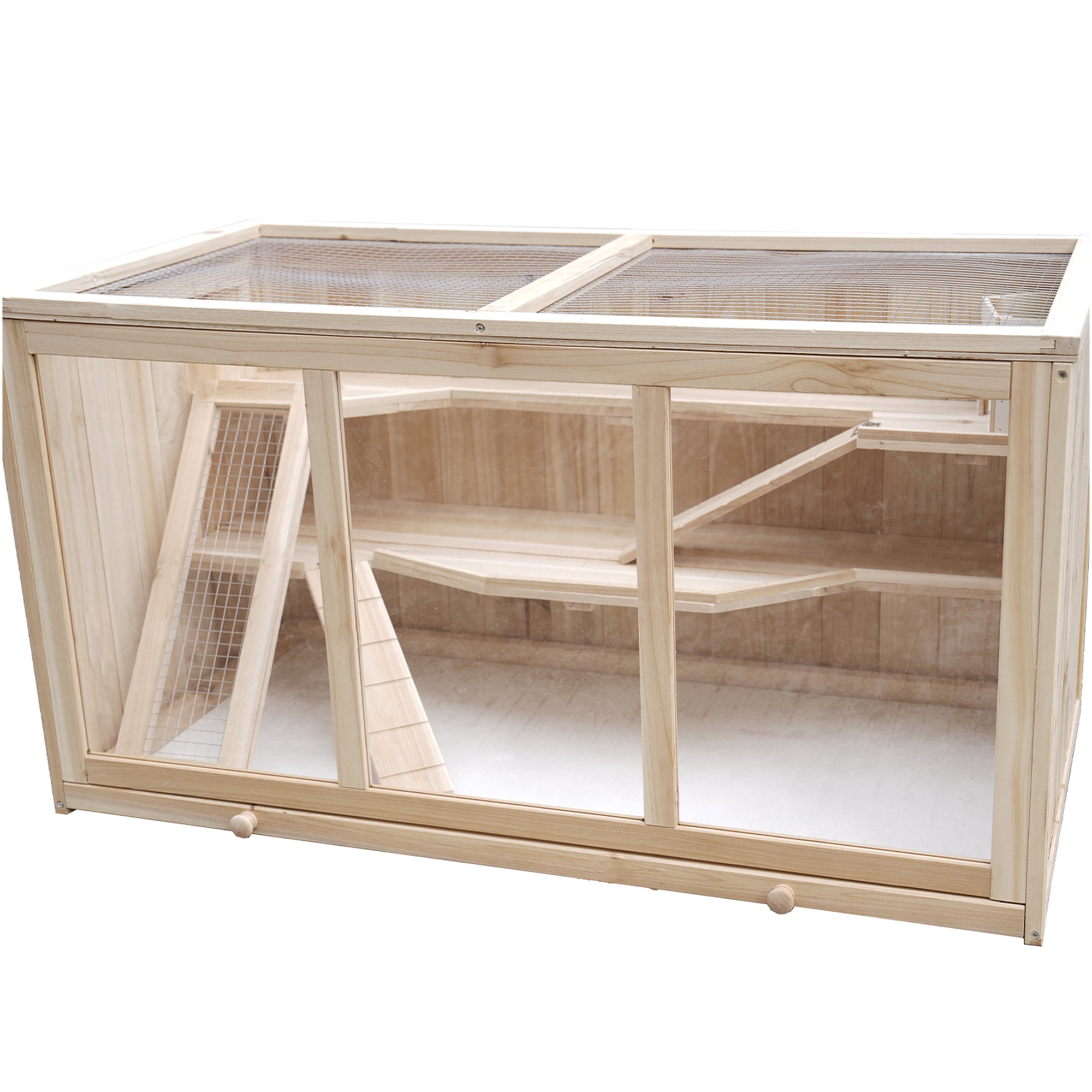 JERFIT Large Wooden Hamster Cage with Acrylic Windows, Multi-Level Small Pet Habitat for Syrian Dwarf Hamsters, Rabbits, Guinea Pigs, Chinchillas, Natural Solid Wood Pet Supplies