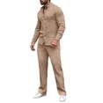 thumbnail image 2 of Men's 2 Piece Vertical Striped Textured Outfits Summer Casual Long Sleeve Button Down Shirts and Pants Matching Sets Khaki, 2 of 8