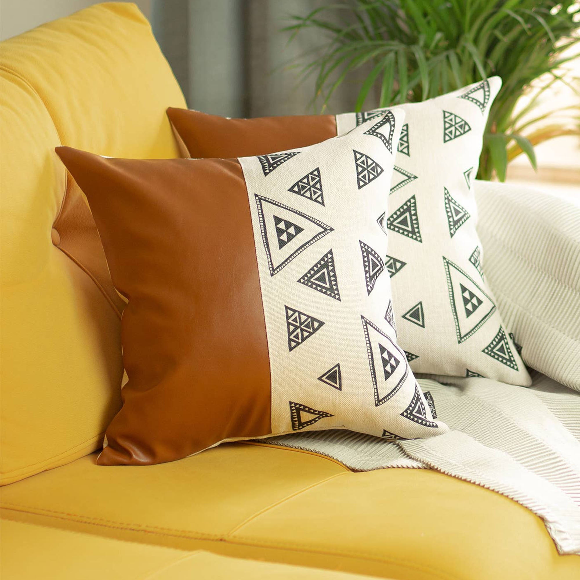Brown and Ivory Geometric Faux Leather 17" Pillow Covers