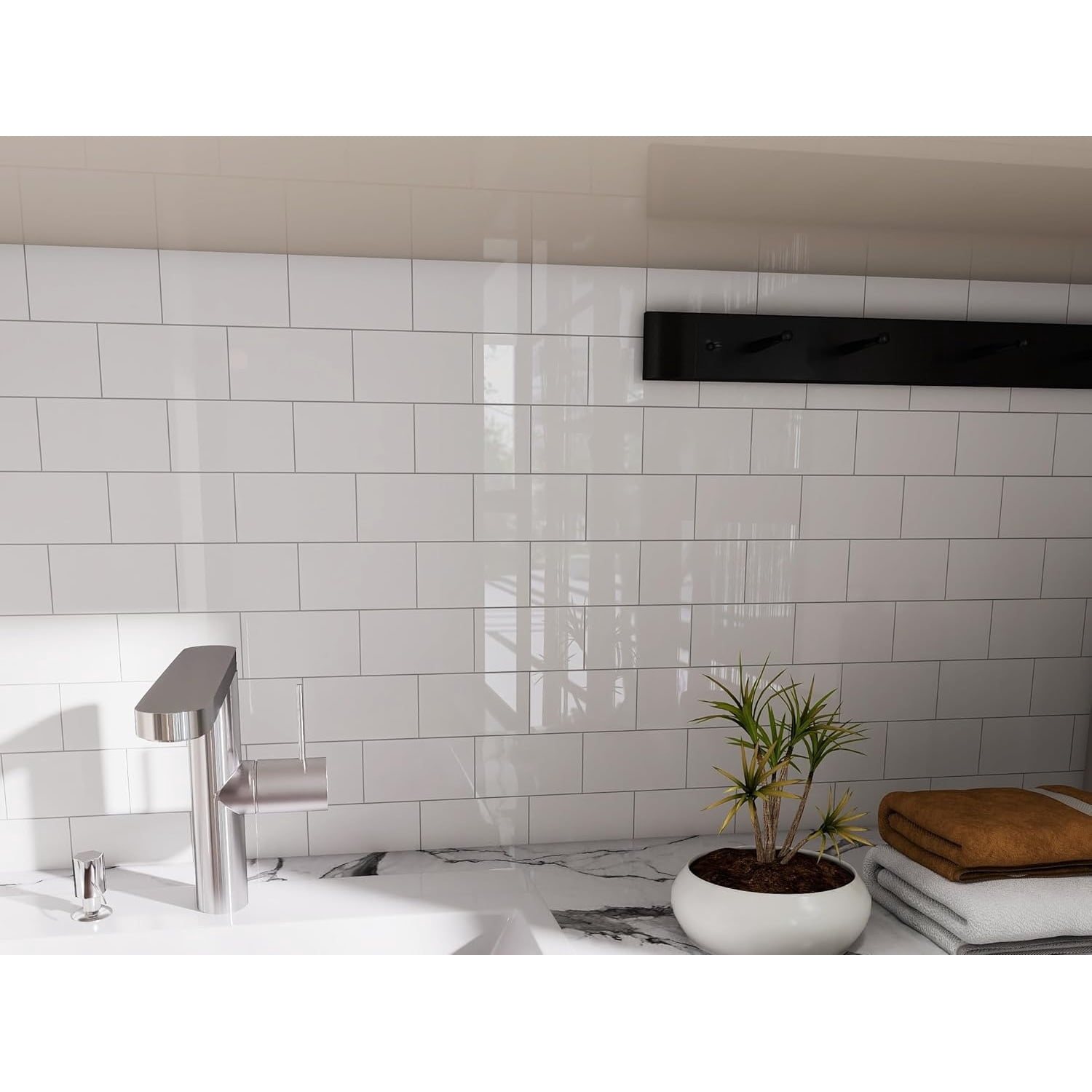 10 Sheet Peel and Stick Backsplash,12”x12”Pure White Subway Tile for Kitchen Wall,Self Adhesive Glossy Faux Marble Tile,Stick on Accent Wall Backsplash Tile for Living Room, Bedroom,RV