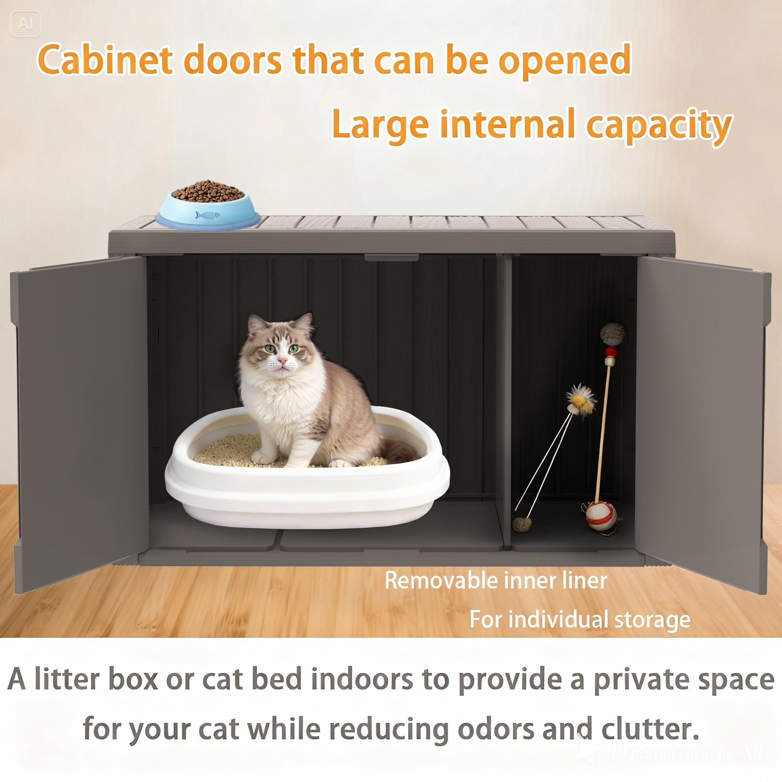 Joxxoaa Waterproof Outdoor Cat House, Weatherproof Plastic Cat Shelter with Double Doors, Enclosed Cat Litter Box Enclosure for Indoor Outdoor Use(Brown)