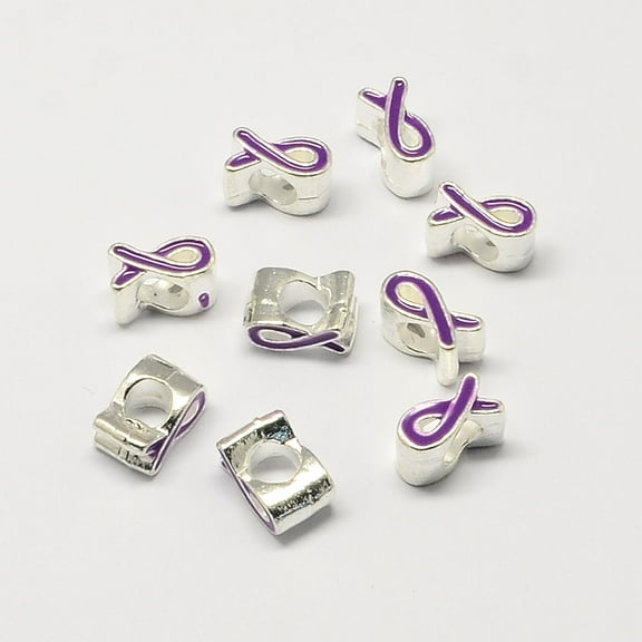 5pcs Alloy Enamel Awareness Ribbon Large Hole European Beads Silver color Plated Dark Violet 11x6x8mm Hole: 5mm