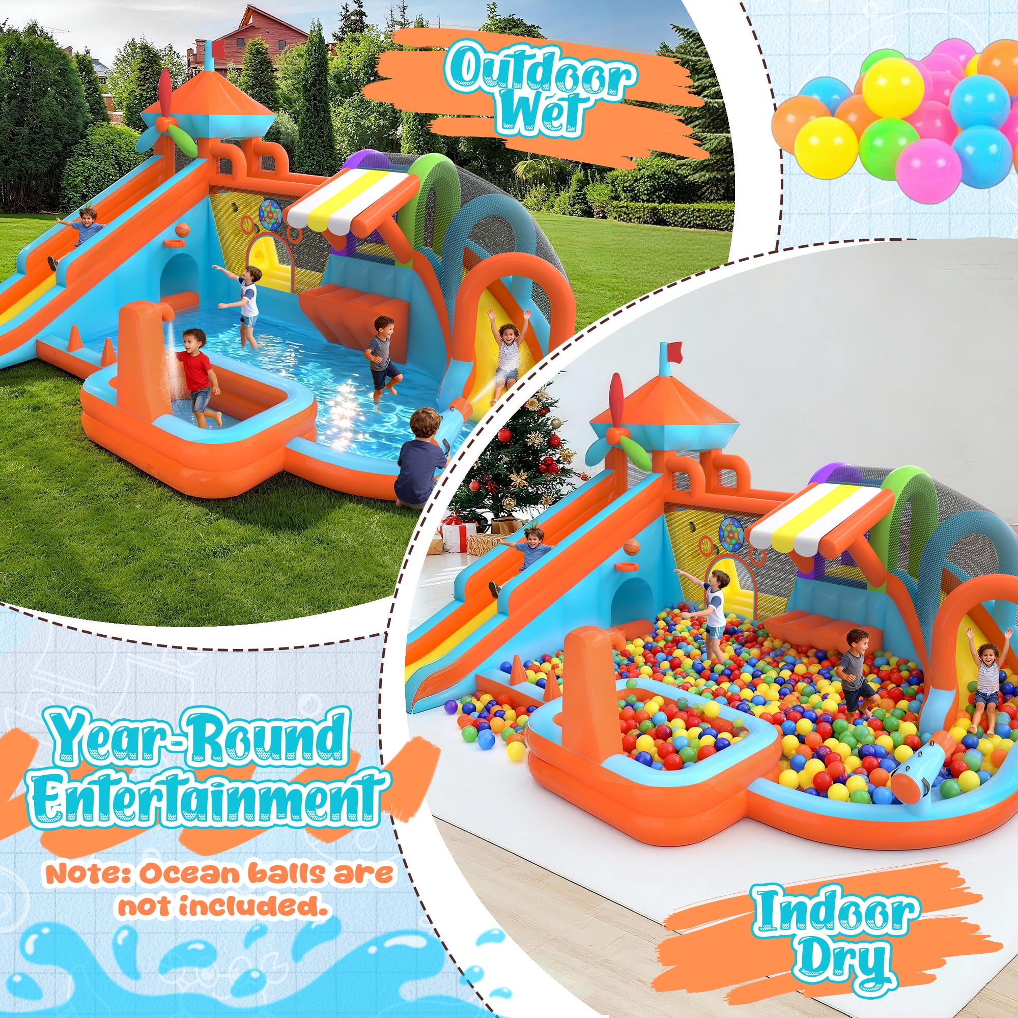 Letsgokid 17.5×13 FT 12 in 1 Water Bounce House for Kids with Double Slide, 750W Blower, Toy Stand, Jumping, Climbing Wall, Water Gun, Splash Pool, Tunnel, Basketball, Indoor, Outdoor, Orange