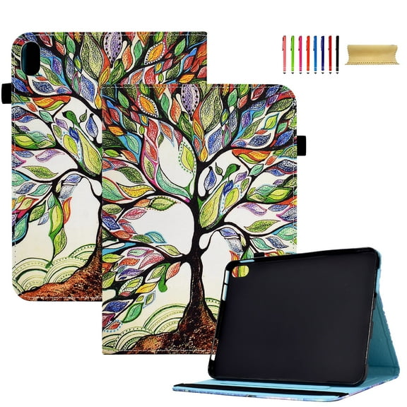iPad Mini (6th 7th Generation),Flip Leather Case Cover with Card Holders Adjustable Kickstand Anti-Slip Elastic Band Shockproof Full Protective Case for iPad Mini 6/ Mini 7,Tree