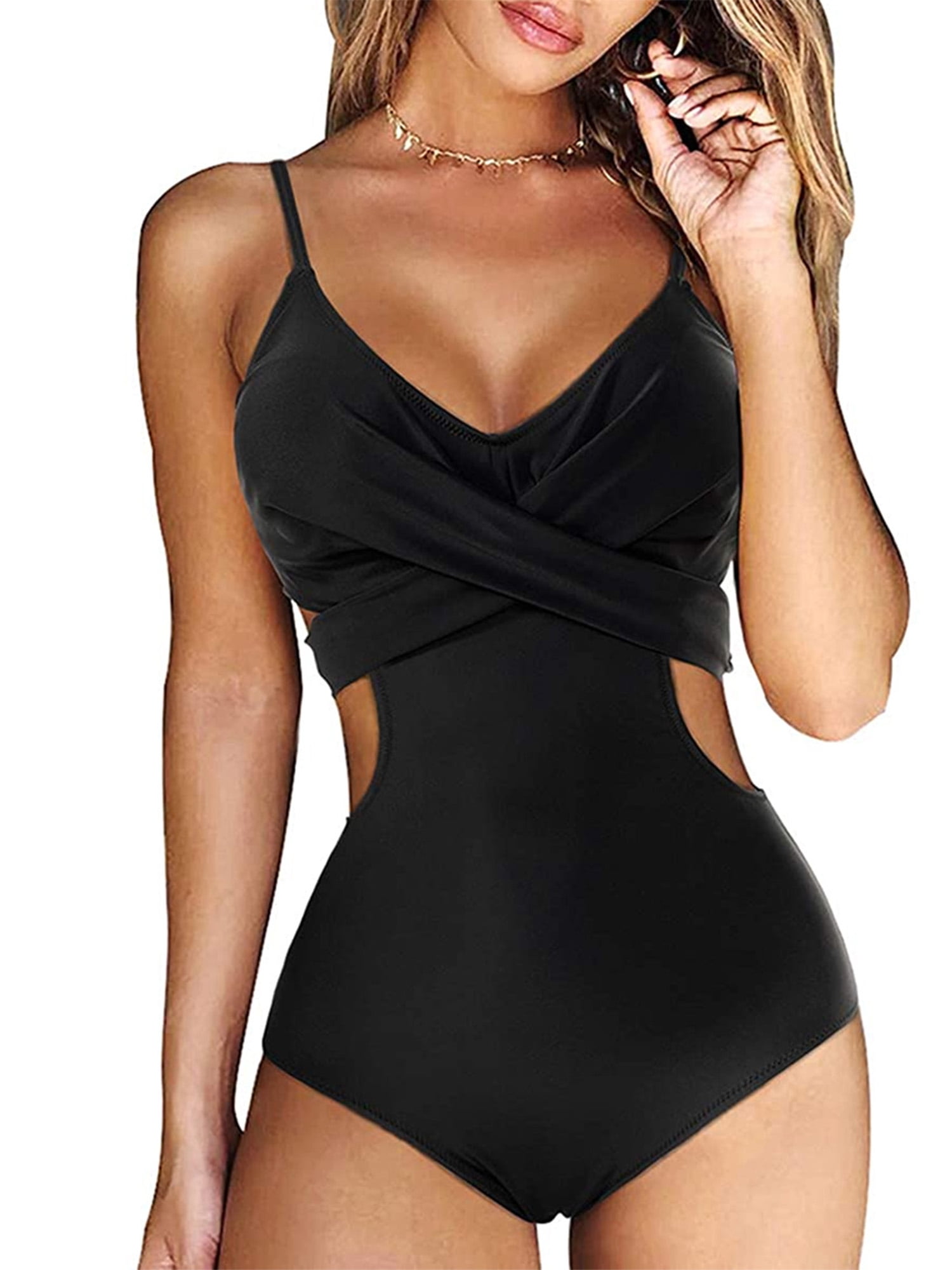 Womens V Neck One Piece Swimsuit Criss Cross String Bikini Hollow Out Swimsuit Halter Bathing Suit