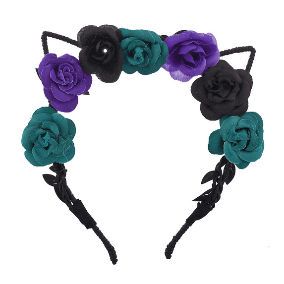 Lux Accessories Coachella Black Purple Teal Cat Ear Fabric Flower Crown Headband