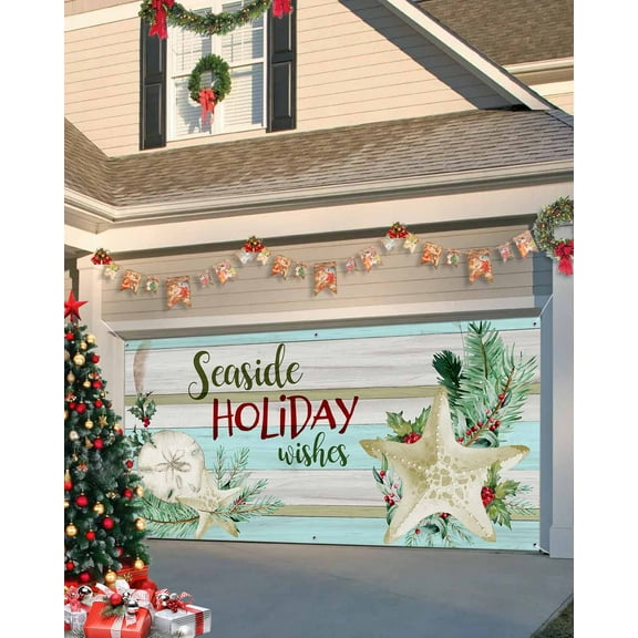Garage Door Banner Cover 7 x 8 ft, Christmas Starfish Shell Christmas Garage Door Decorations Holiday Christmas Backdrop Decor for Winter New Year Xmas Party