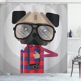 thumbnail image 1 of Hipster Shower Curtain, Graphic Design of a Photographer Pug Dog in a Shirt with Glasses and Old Camera, Fabric Bathroom Set with Hooks, 69W X 84L Inches Extra Long, Multicolor, by Ambesonne, 1 of 3
