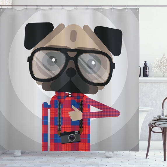 Hipster Shower Curtain, Graphic Design of a Photographer Pug Dog in a Shirt with Glasses and Old Camera, Fabric Bathroom Set with Hooks, 69W X 84L Inches Extra Long, Multicolor, by Ambesonne
