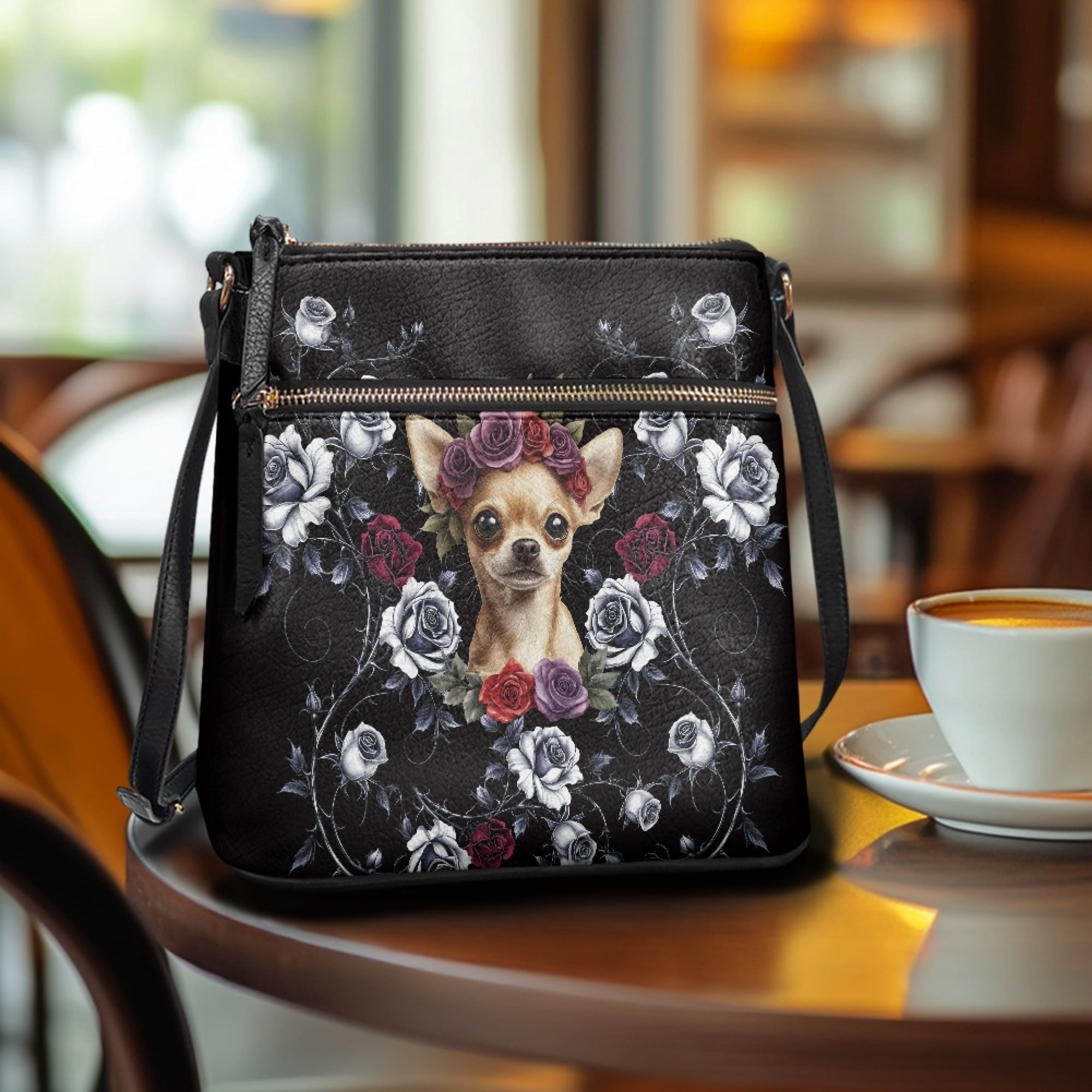 Kuiaobaty Chihuahua Rose Print Crossbody Bag for Women, Roomy Casual Leather Shoulder Handbag with Adjustable Strap, Zipper Pockets Sling Bag Crossbody for Travel, Black