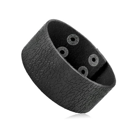 Men's Black Leather Textured Cuff Bracelet (30mm) - 8.5"