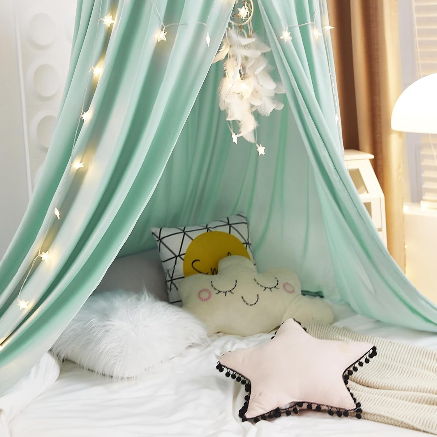 Decor Canopy for Kids Bed, Soft Smooth Playing Tent Canopy Girls Room Decoration Princess Castle, Dreamy Mosquito Net Bedding, Children Reading Nook Canopies in Home (Green)