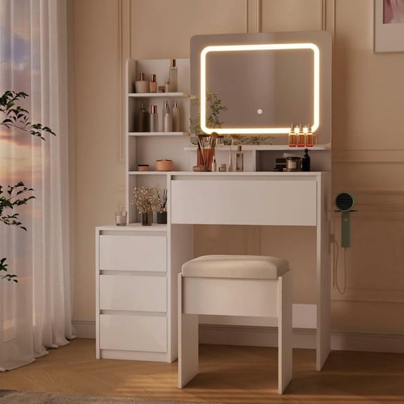 TROPOW Small Makeup Vanity Desk with LED Lights & Outlet, Compact Vanity Table with Mirror, 2 Drawers, 4 Shelves, Stool & App-Controlled RGB,White