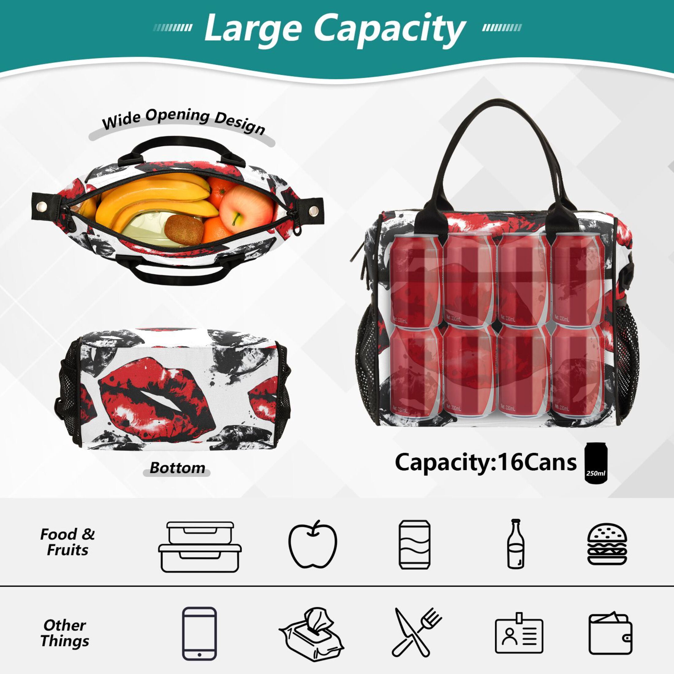 ALAZA Red Lip Insulated Lunch Bag Reusable Tote Box Adjustable Shoulder Strap for Work Picnic