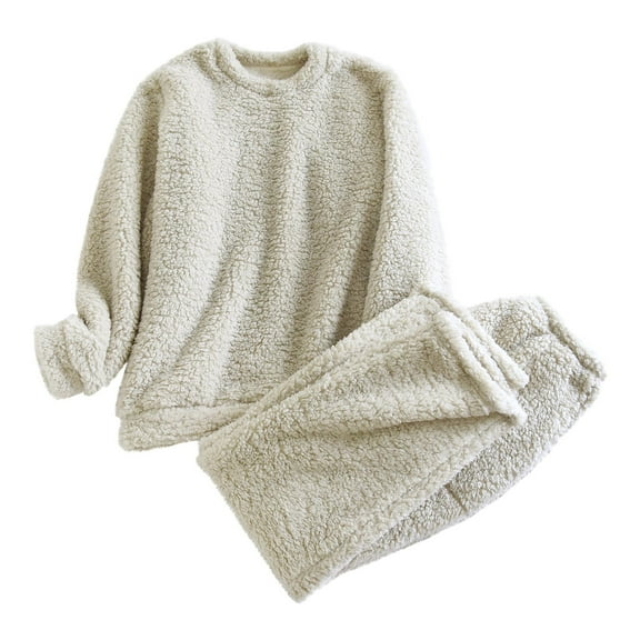 Women's Winter Fleece Pajama Set - 2 Piece Crew Neck Pullover & Furry Jogger Pants Lounge Wear, Thick Soft Flannel Sherpa Cozy Pjs