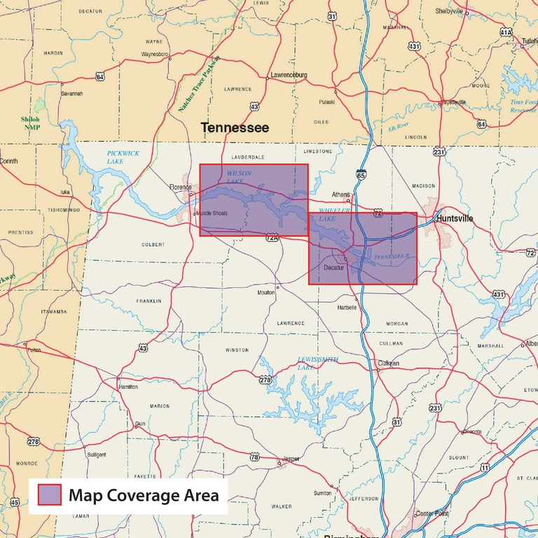 Kingfisher Maps Waterproof Lake Map Wheeler & Wilson Lakes Alabama, 23” x  35” 0.2lb