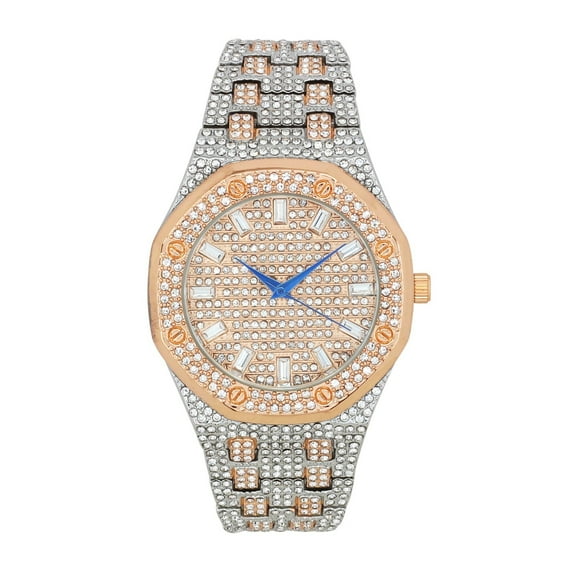 Men's Hip Hop Two Tones Style Baguette CZ Watch Luxury Fashion Analog Rose Gold and Silver Plated Fashion