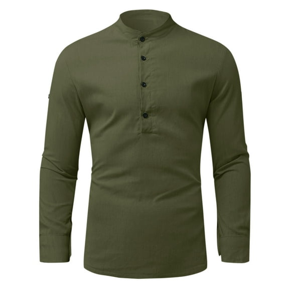 asdoklhq, 2026 Summer Fall Mens Tops under $5 Men Cotton Linen Shirt Pullover Casual Stand-up Collar Solid Beach T-Shirt,Army Green XXL