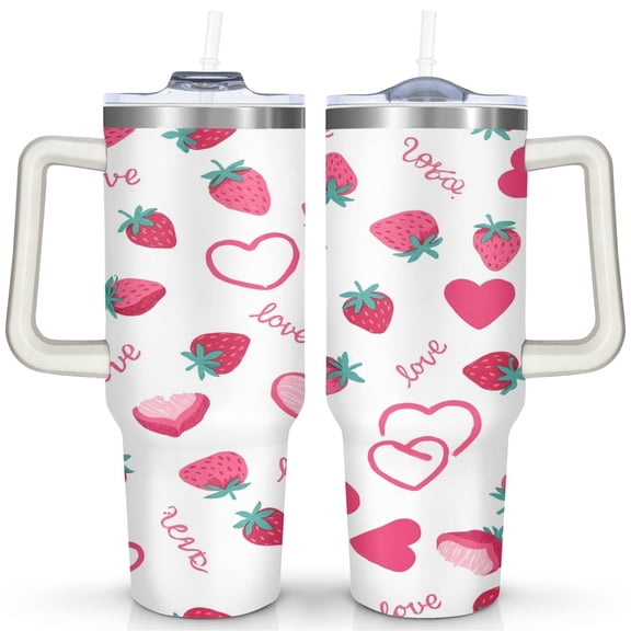 Strawberry Cute 40 Oz Tumbler with Handle Lid and Straw, Stainless Steel Double Walled Vacuum Insulated Cup, Cute Anniversary Wedding Birthday Gifts Tumbler for Women Men Friends Outdoor Indoor
