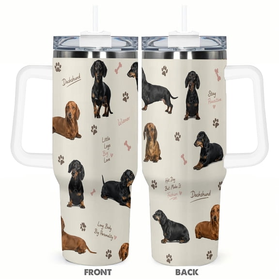 40oz Dachshund Dog Travel Tumbler with Handle and Straw Lid Cute Wiener Dog Insulated Car Coffee Cup Gift for Dog Lovers